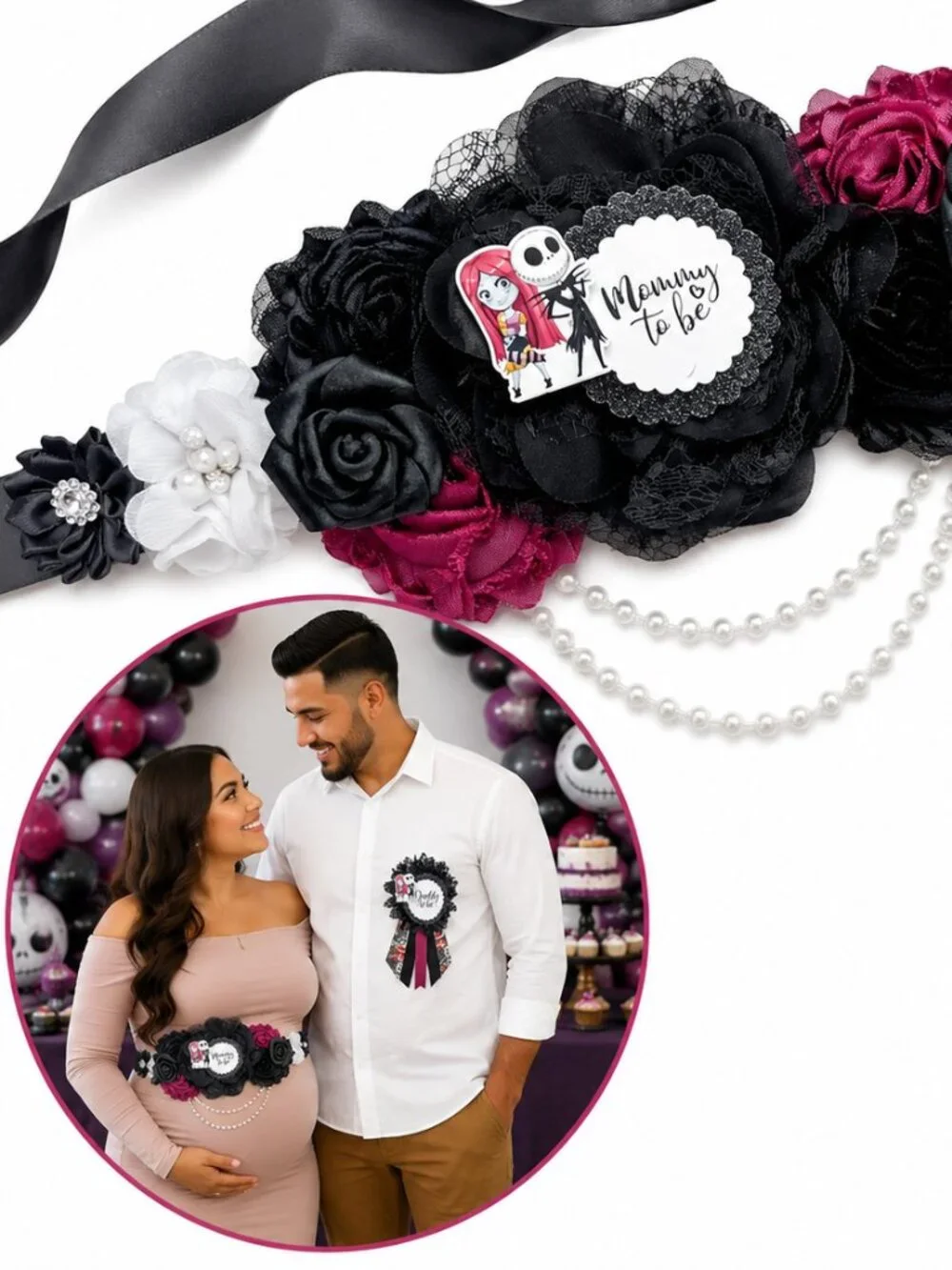 Nightmare Before Christmas Baby Shower Mommy to be Sash and Daddy Pin